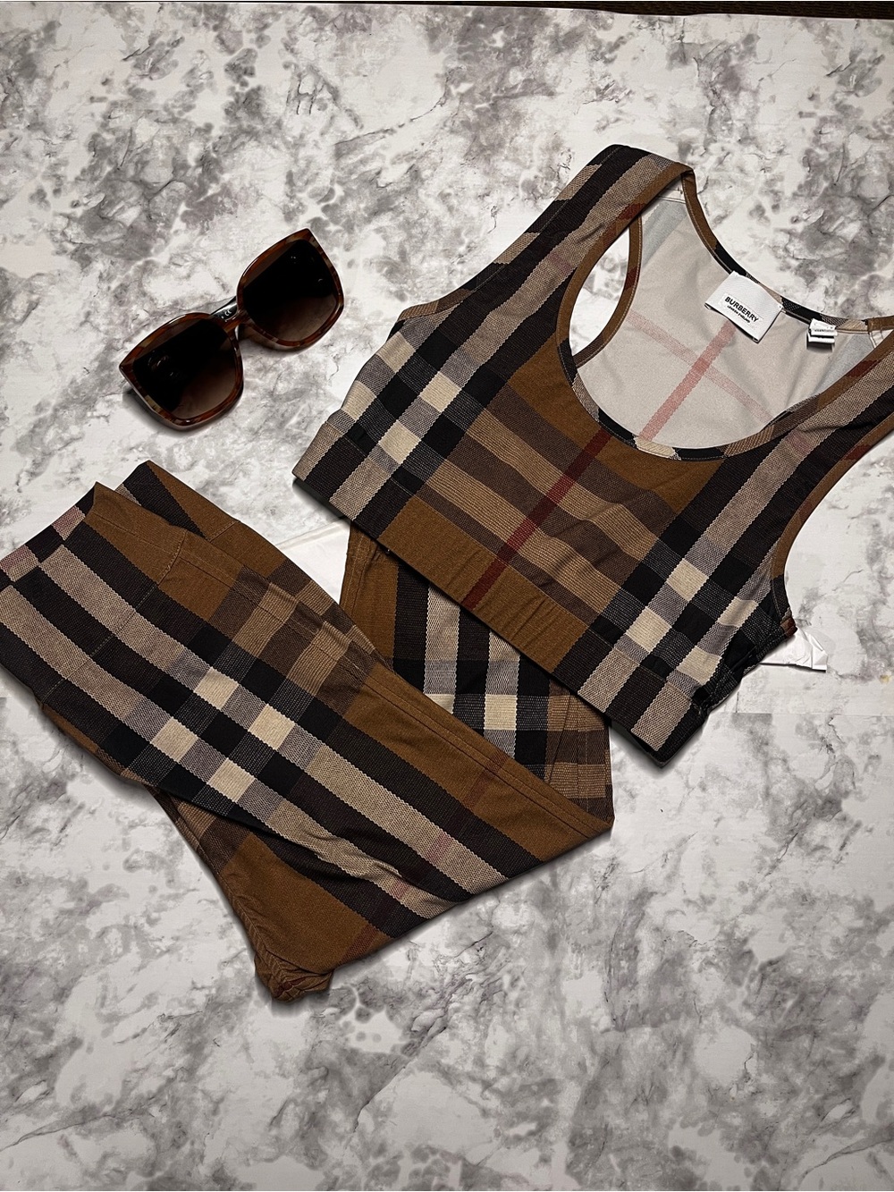BURBERRY Plaid Crop Tank and Legging Set in Brown & black signature print